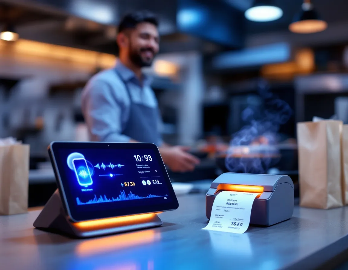 Kubilo's AI assistant answering a phone order while a kitchen receipt prints, with the smiling restaurant owner in the background.