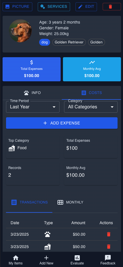 Pet Expense Tracking Interface