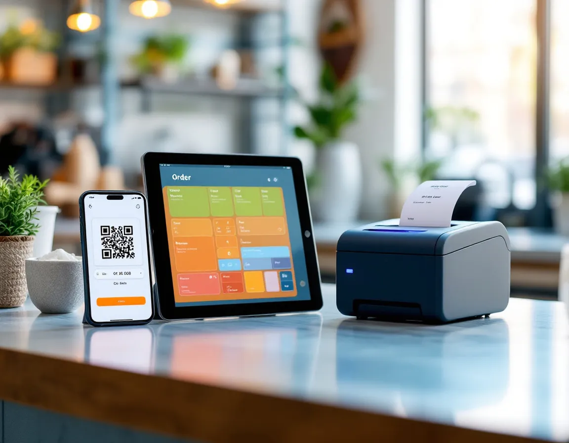 A phone QR order, a tablet order board, and a receipt printer working together on a counter.