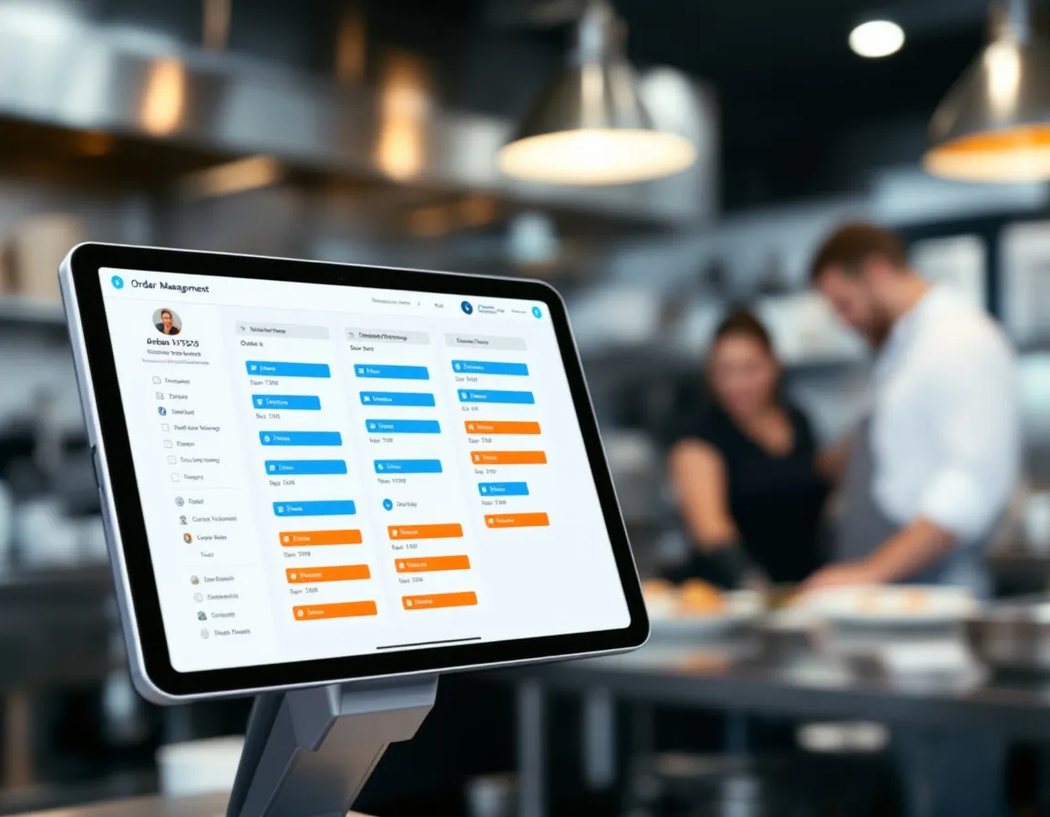 A tablet on a kitchen counter showing Kubilo's live order board during service.